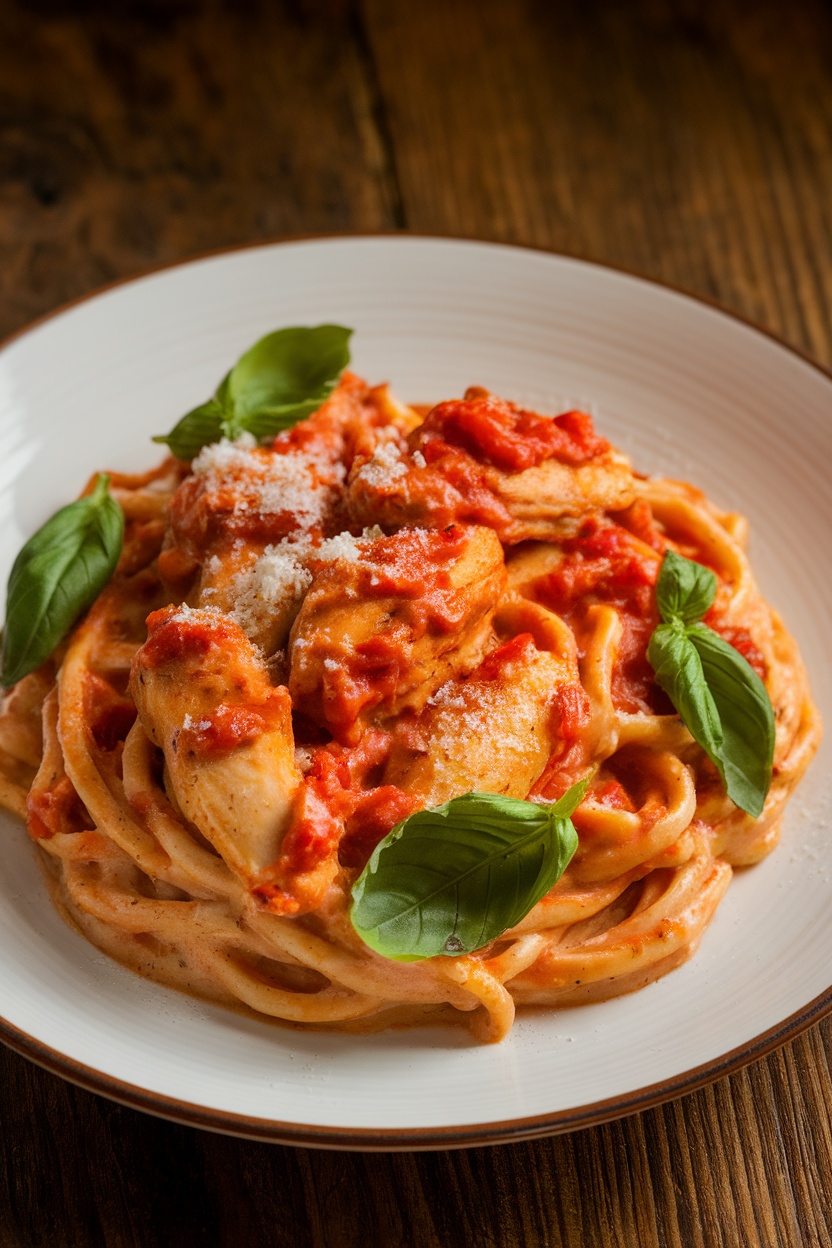 Creamy tomato basil chicken pasta served with fresh basil and Parmesan cheese on a rustic table.